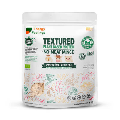 Proteína Vegetal Texturizada Tipo Carne Picada da ENERGY FEELINGS é uma deliciosa alternativa à proteína animal. É 100% natural, Bio e Vegan.