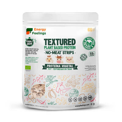 Proteína Vegetal Texturizada Tipo Tiras de Carne da ENERGY FEELINGS é uma deliciosa alternativa à proteína animal. 100% natural, Bio e Vegan.
