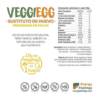 O VeggiEgg ENERGY FEELINGS é um delicioso substituto vegano do OVO. É 100% natural, de elevado valor nutricional e sem aromas artificiais.