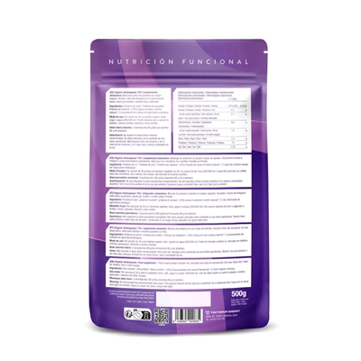 Verso da embalagem de 500 g do Organic Aminopower Cacau 73% Proteína BIO, da ENERGY FEELINGS.