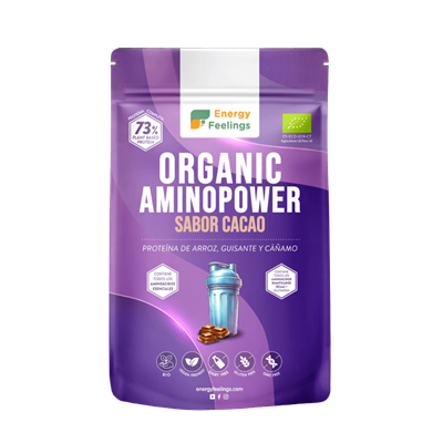 Embalagem de 500 g do Organic Aminopower Cacau 73% Proteína BIO, da ENERGY FEELINGS.