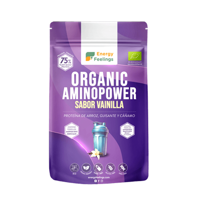 Embalagem de 500 g do Organic Aminopower Baunilha 75% Proteína BIO, da ENERGY FEELINGS.