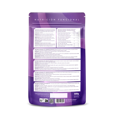 Verso da embalagem de 500 g do Organic Aminopower Baunilha 75% Proteína BIO, da ENERGY FEELINGS.