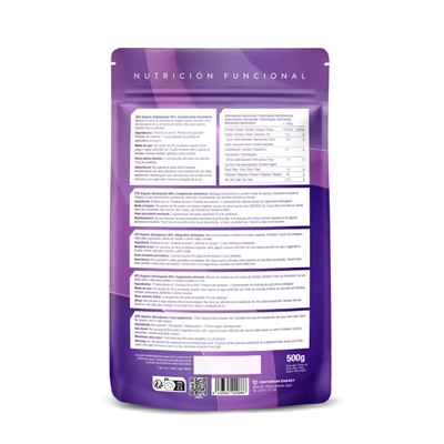 Verso da embalagem de 500 g do Organic Aminopower Neutro 80% Proteína BIO, da ENERGY FEELINGS.