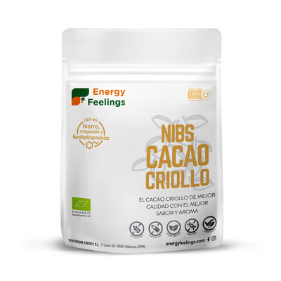 Embalagem de 200 g de Nibs de Cacau Criollo Bio da Energy Feelings.