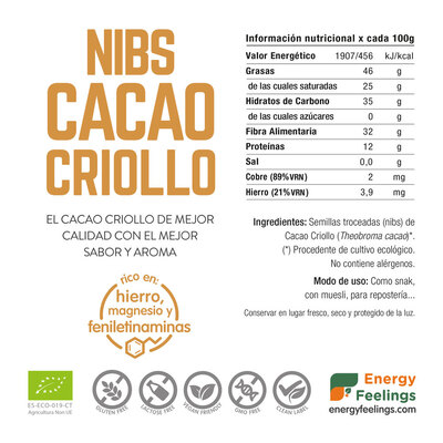 Rótulo das Nibs de Cacau Criollo Bio da Energy Feelings.
