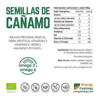 As Sementes de Cânhamo com Casca BIO da ENERGY FEELINGS são um complemento fantástico, ricas em proteína e ómegas! 100% biológicas e naturais. Experimenta!