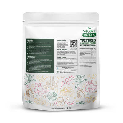 Verso da embalagem de 400 g da Proteína Vegetal Texturizada Picada Fina Bio da Energy Feelings.