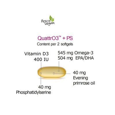 O QuattrO3 + PS da WHC Labs: Ómega3, D3, GLA e fosfatidilserina. Apoia o desenvolvimento das crianças dos 3 aos 14 anos. Certificação IFOS 5*. Moonsport