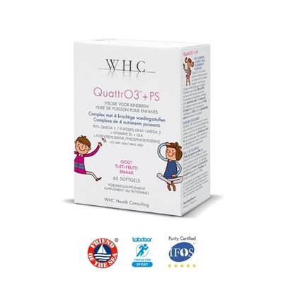 O QuattrO3 + PS da WHC Labs: Ómega3, D3, GLA e fosfatidilserina. Apoia o desenvolvimento das crianças dos 3 aos 14 anos. Certificação IFOS 5*. Moonsport
