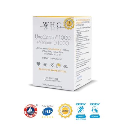 O Ómega UnoCardio 1000 da WHC Labs - 1200mg de Ómega 3 Puro (675mg EPA+ 460mg DHA)+ Vit D3. Visa a imunidade, coração, visão, cérebro, ossos e articulações. Moonsport