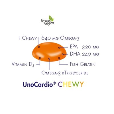 UnoCardio Chewy da WHC Labs - 640mg de Ómega 3 (560 mg EPA+DHA) + Vit D3. Certificação IFOS 5*. Crianças desde os 3. Visa o coração, visão, cérebro e ossos. Moonsport