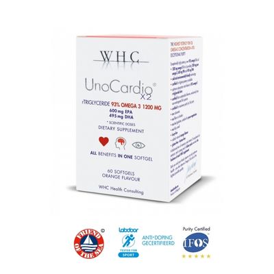 UnoCardio X2 da WHC Labs - 1200mg de Ómega 3 (1042mg EPA+ DHA). Certificação IFOS 5*. Visa a saúde do coração, visão e cérebro. Moonsport