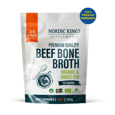 Embalagem de 500 g do Caldo de Ossos em Pó BIO da Nordic Kings.