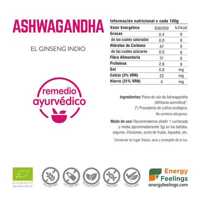 Ashwagandha em Pó ENERGY FEELINGS - Planta antioxidante e adaptogénica que combate stress, ansiedade e insónias, apoia a pele, a cognição e a longevidade. Moonsport