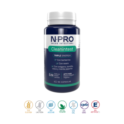 O NPRO Cleanintest contém plantas e extratos vegetais contra parasitas, bactérias e fungos, para equilibrar a flora intestinal. Apto para Celíacos, FODMAP e Vegan.