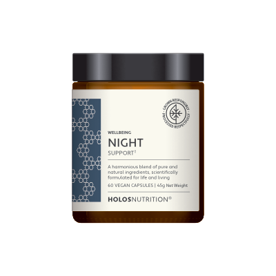 O Night Support HOLOSNUTRITION® é uma fórmula calmante e relaxante, com botânicos horméticos e bióticos para favorecer o sono. Vegan e isento de aditivos.
