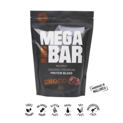 Proteína em Pó Premium Chocolate Bio MEGARAWBAR—100% natural, bio e vegan. 20 g de proteína completa/porção. Rica em leucina e superalimentos. Apta a celíacos.