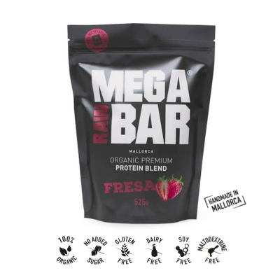 Proteína em Pó Premium Morango Bio MEGARAWBAR—100% natural, bio, vegan. 20 g de proteína completa/porção. Rica em leucina e superalimentos. Apta a celíacos.