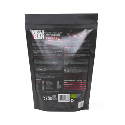 Proteína em Pó Premium Morango Bio MEGARAWBAR—100% natural, bio, vegan. 20 g de proteína completa/porção. Rica em leucina e superalimentos. Apta a celíacos.