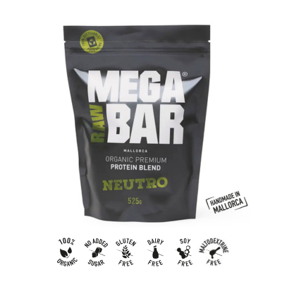 Proteína em Pó Premium Neutra Bio MEGARAWBAR—100% natural, bio e vegan. 20 g de proteína completa/porção. Rica em leucina e superalimentos. Apta a celíacos.