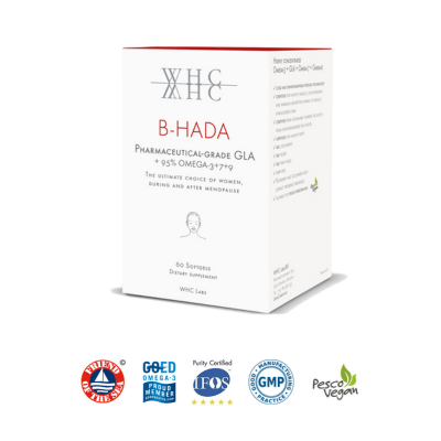 B-HADA da WHC Labs - fórmula sinérgica purificada de Ómega 3, 6 (GLA), 7 e 9. Equilibra os ácidos gordos no organismo, apoia mulheres com PMS e menopausa.