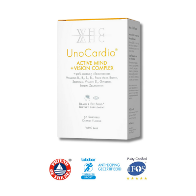 UnoCardio Active Mind + Vision Complex WHC Labs - 545mg ómega-3 (300mg EPA + 204mg DHA) + vit complexo B, vit D3, selénio, luteína, zeaxantina e ginseng.
