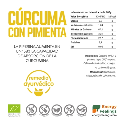 A Curcuma com Pimenta em Pó da ENERGY FEELINGS é 100% natural e bio. Tem propriedades anti-inflamatórias, antioxidantes e neuroprotetoras. Experimenta já!