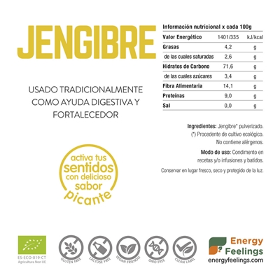 O Gengibre em Pó da ENERGY FEELINGS é 100% natural e biológico. Tem propriedades anti-inflamatórias e antioxidantes. Experimenta já!