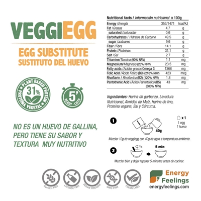 O VeggiEgg da ENERGY FEELINGS é um delicioso substituto vegano do ovo. É 100% natural, de elevado valor nutricional e sem aromas artificiais.