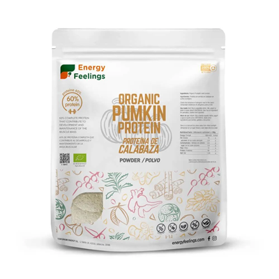 A Proteína de Abóbora Bio da Energy Feelings fornece proteína completa (60%), com todos os aminoácidos essenciais e fibra (12%), 100% biológica e natural.