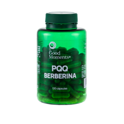 Embalagem de 120 cápsulas de PQQ Berberina, da Good Moments.