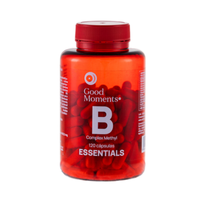 Embalagem de 120 cápsulas de B Complex Methyl, da Good Moments.