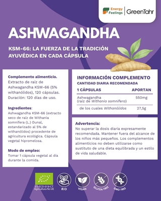 Rótulo da Ashwagandha KSM-66 ® Bio em cápsulas, da Energy Feelings.