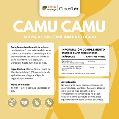 Rótulo do Camu Camu Bio em cápsulas, da Energy Feelings.