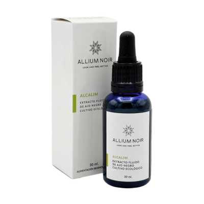 Embalagem e frasco de 30 ml do Alcalim BIO, da Allium Noir.