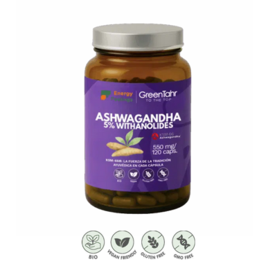 Embalagem de 120 cápsulas da Ashwagandha KSM-66 ® Bio em cápsulas, da Energy Feelings.