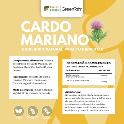 Rótulo do Cardo-Mariano em cápsulas, da Energy Feelings.