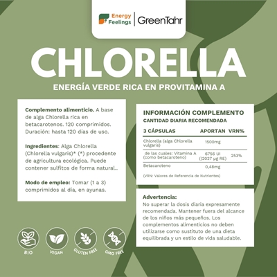 Rótulo da Clorela Bio em cápsulas, da Energy Feelings.
