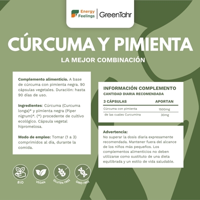 Rótulo da Curcuma com Pimenta Bio em cápsulas, da Energy Feelings.