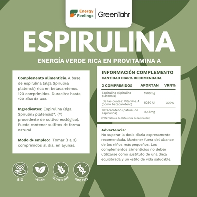 Rótulo da Espirulina Bio em cápsulas, da Energy Feelings.