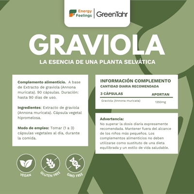 Rótulo da Graviola em cápsulas, da Energy Feelings.