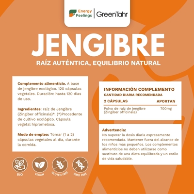 Rótulo do Gengibre Bio em cápsulas, da Energy Feelings.