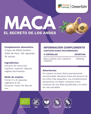 Rótulo da Maca Bio em cápsulas, da Energy Feelings.