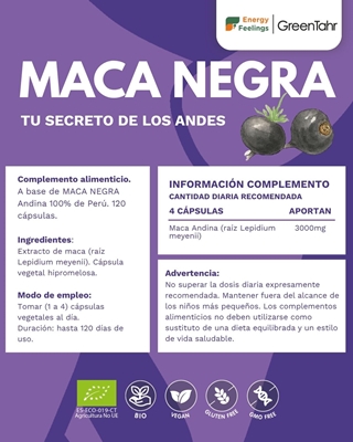 Rótulo da Maca Negra Bio em cápsulas, da Energy Feelings.