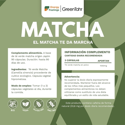 Rótulo do Matcha Bio em cápsulas, da Energy Feelings.