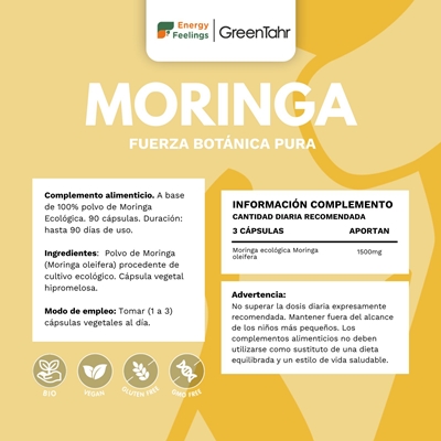 Rótulo da Moringa Bio em cápsulas, da Energy Feelings.