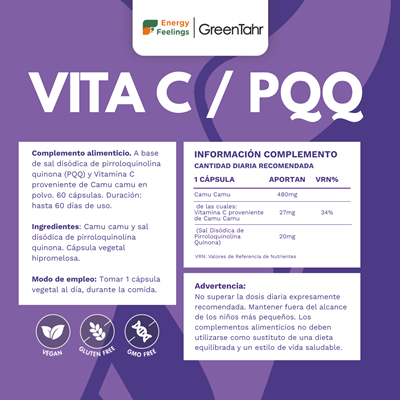 Rótulo da Vitamina C + PQQ, da Energy Feelings.