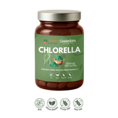 Embalagem de 120 cápsulas da Clorela Bio em cápsulas, da Energy Feelings.