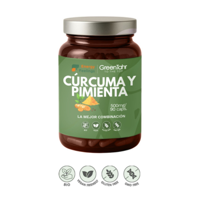 Embalagem de 90 cápsulas da Curcuma com Pimenta Bio em cápsulas, da Energy Feelings.